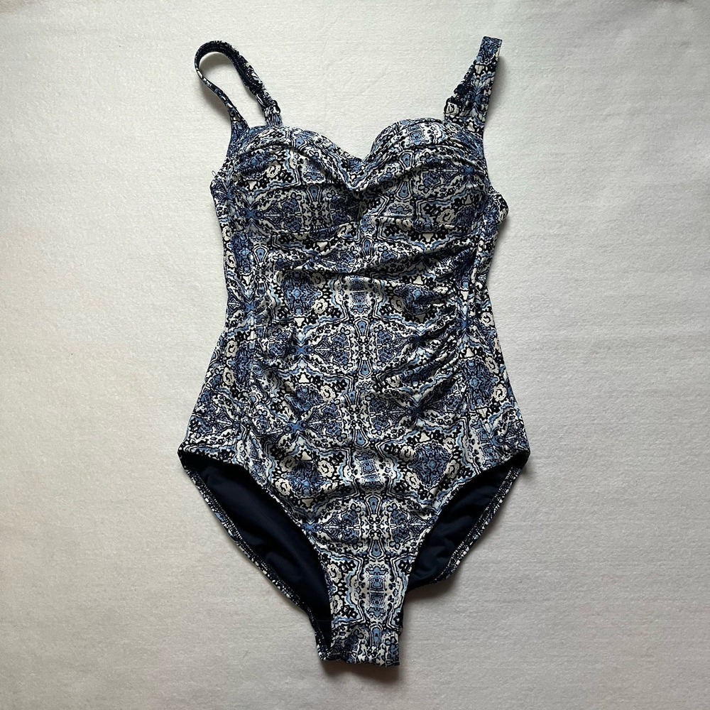 Niptuck Swim Tummy Control Women's 1 Piece Sz 4 Blue Geometric Multi Fit Cup